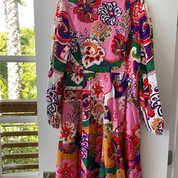 Dalia Macphee Long-Sleeve Midi‎ Dress, Front Buttons, Floral Pink, Large, NWT - Picture 2 of 7